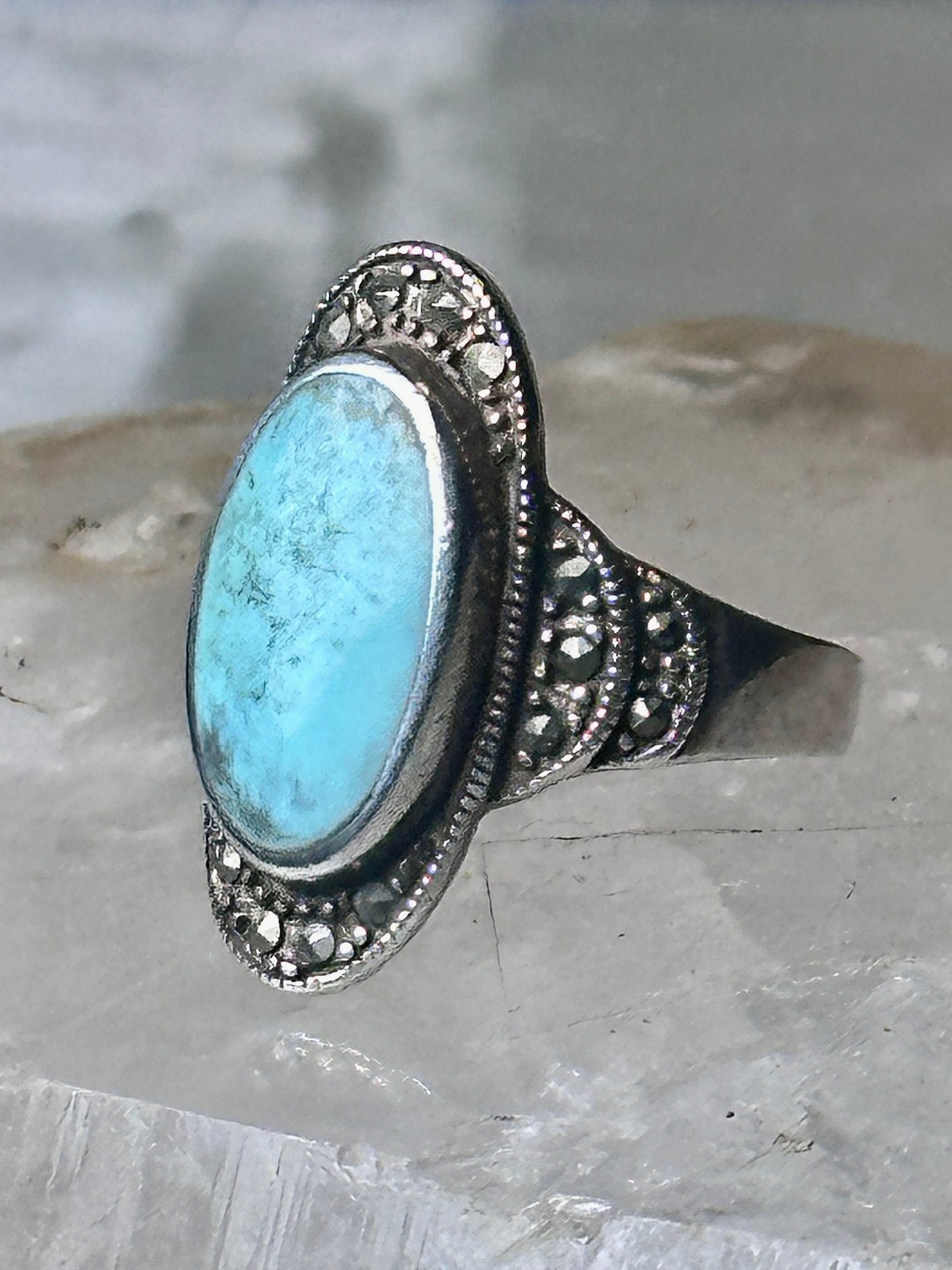 Turquoise ring Marcasites boho size 7.75 sterling silver women