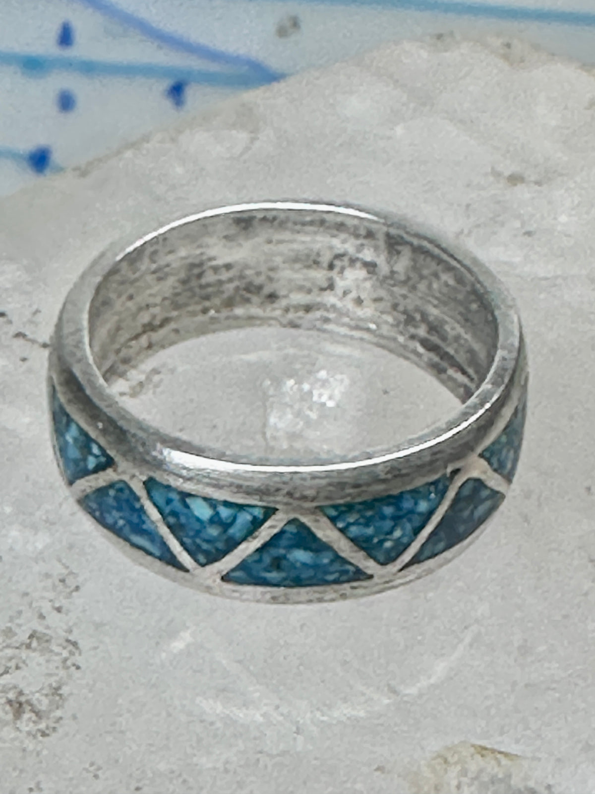 Vintage Sterling Silver Turquoise Chip Geometric Inlay Band Ring Size 11 7.6g