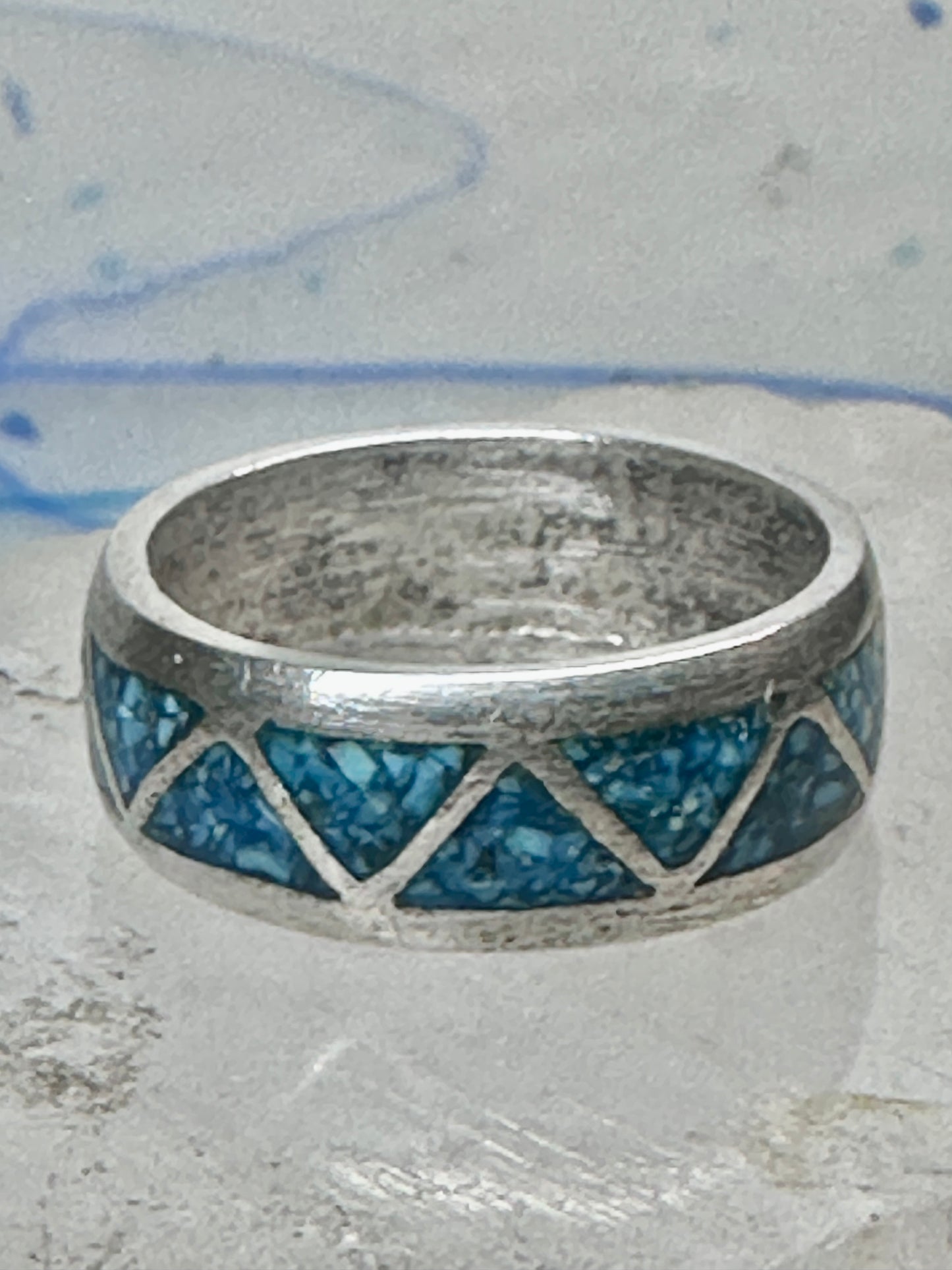 Vintage Sterling Silver Turquoise Chip Geometric Inlay Band Ring Size 11 7.6g