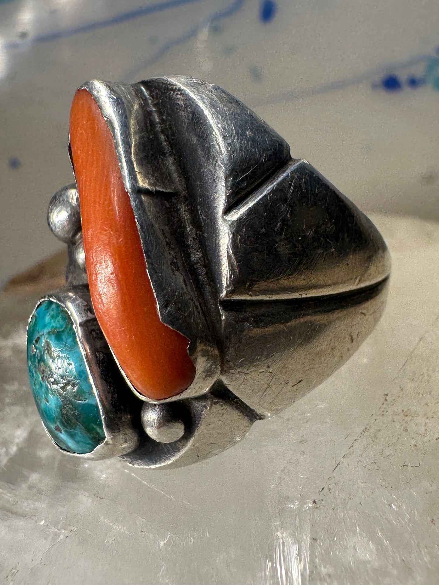Navajo ring size 9.25 turquoise coral band sterling silver band women men