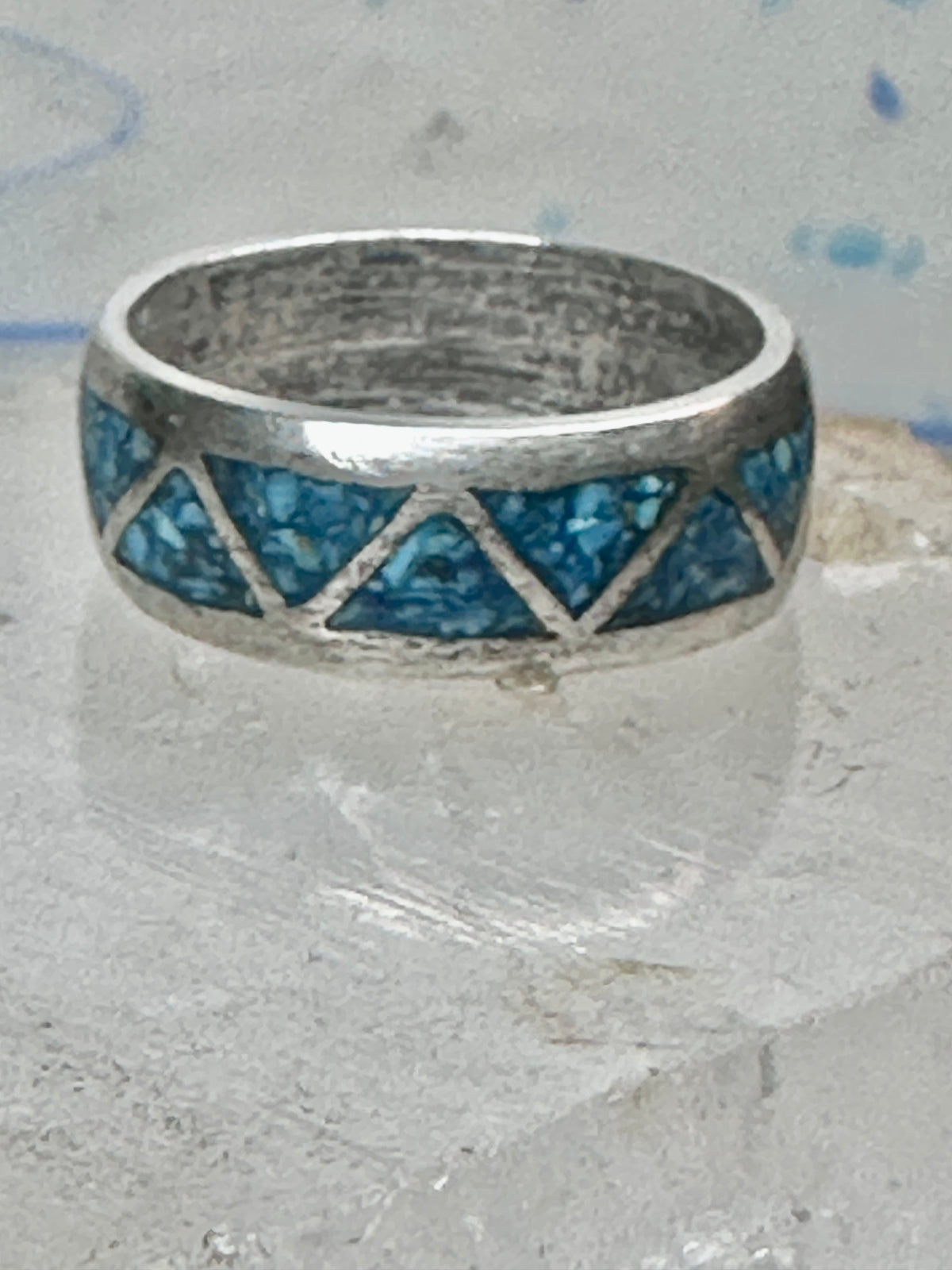 Vintage Sterling Silver Turquoise Chip Geometric Inlay Band Ring Size 11 7.6g
