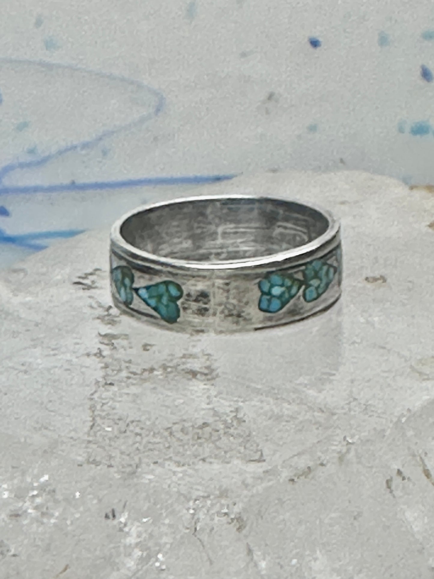 Vintage Sterling Silver Turquoise Chip Heart Inlay Band Ring Size 10 4.1g