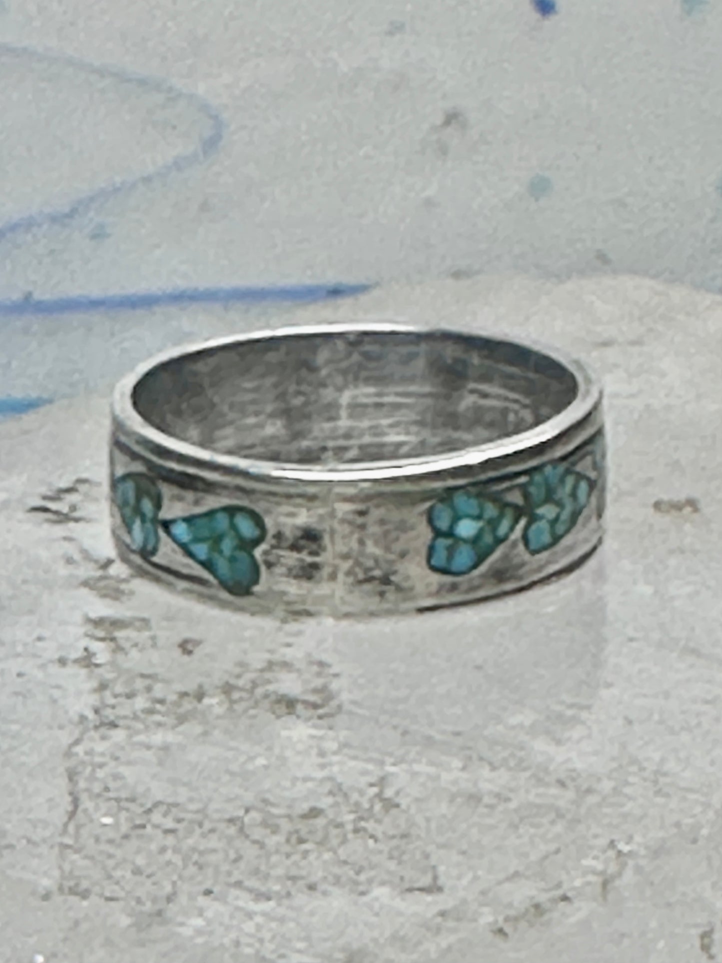Vintage Sterling Silver Turquoise Chip Heart Inlay Band Ring Size 10 4.1g