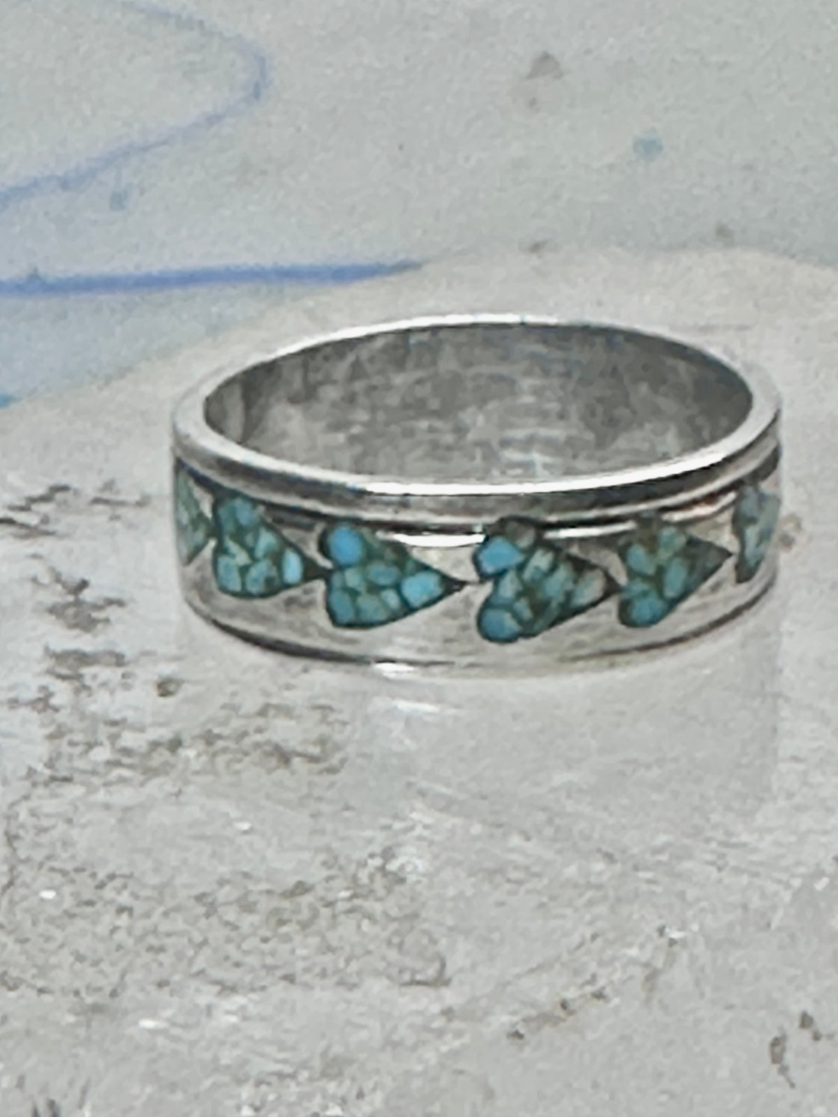 Vintage Sterling Silver Turquoise Chip Heart Inlay Band Ring Size 10 4.1g