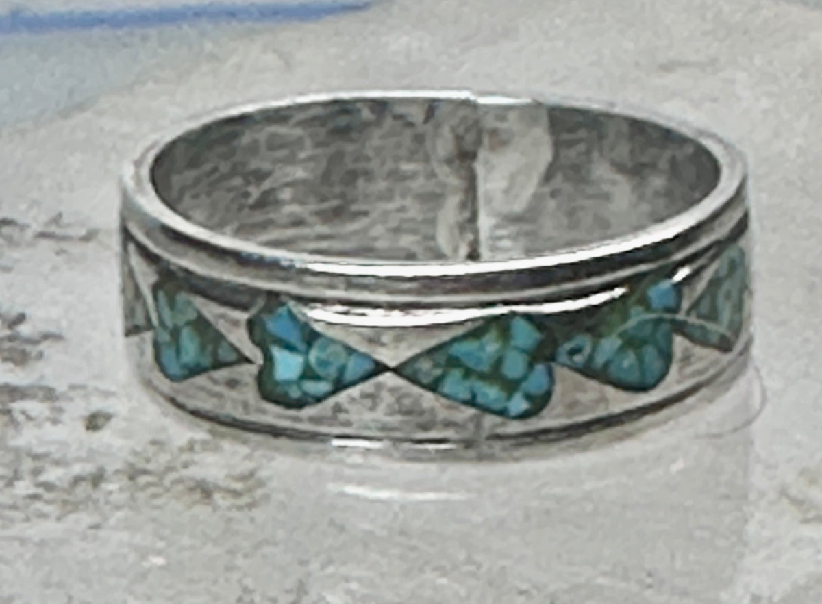 Vintage Sterling Silver Turquoise Chip Heart Inlay Band Ring Size 10 4.1g