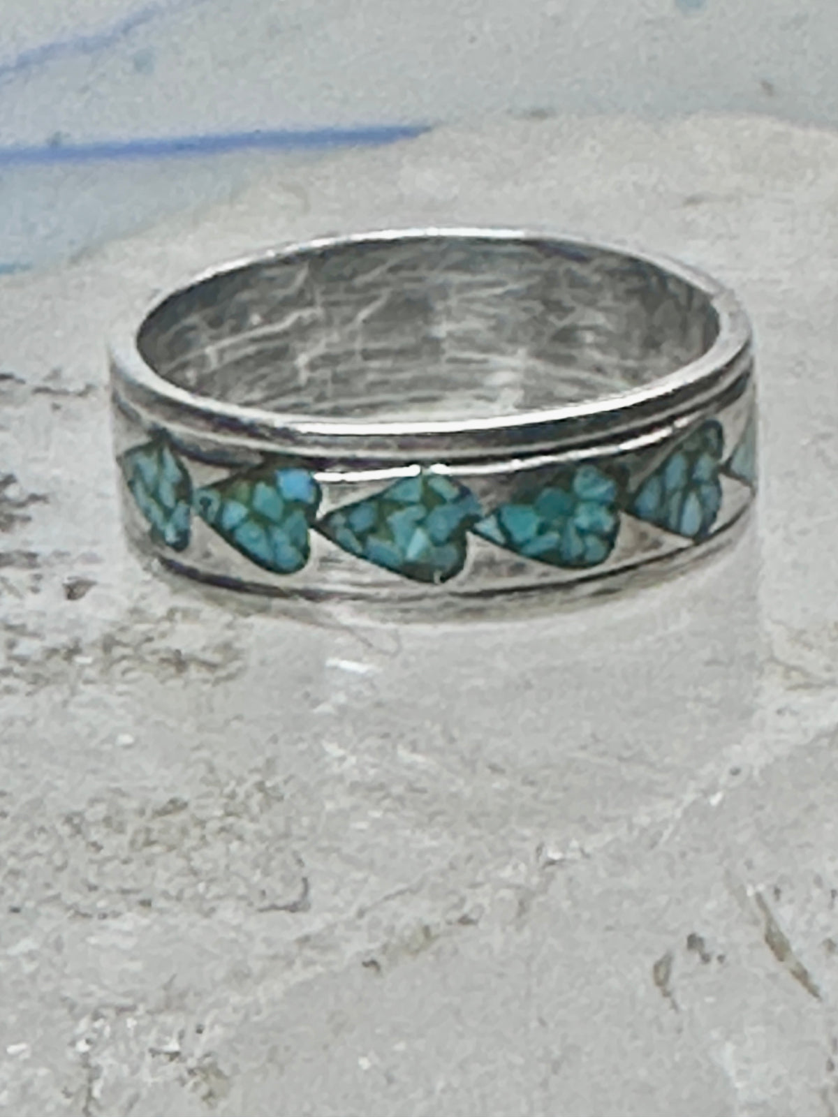 Vintage Sterling Silver Turquoise Chip Heart Inlay Band Ring Size 10 4.1g