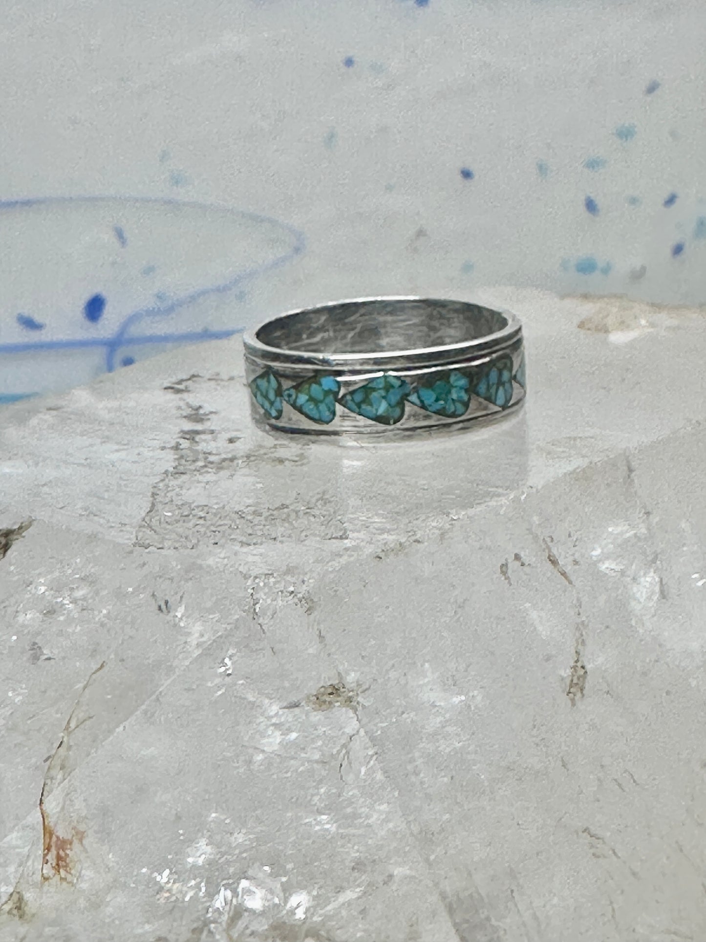 Vintage Sterling Silver Turquoise Chip Heart Inlay Band Ring Size 10 4.1g