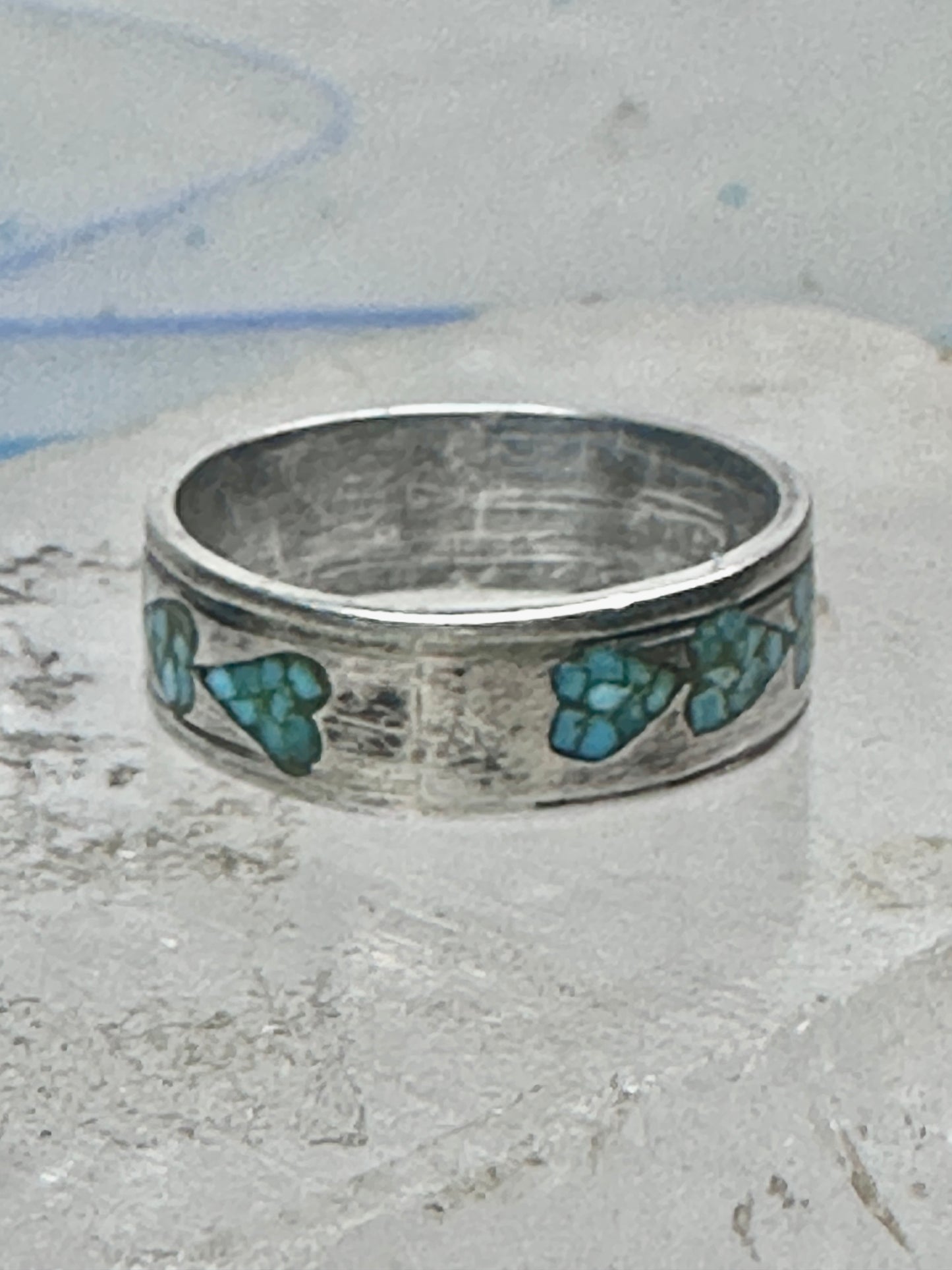 Vintage Sterling Silver Turquoise Chip Heart Inlay Band Ring Size 10 4.1g