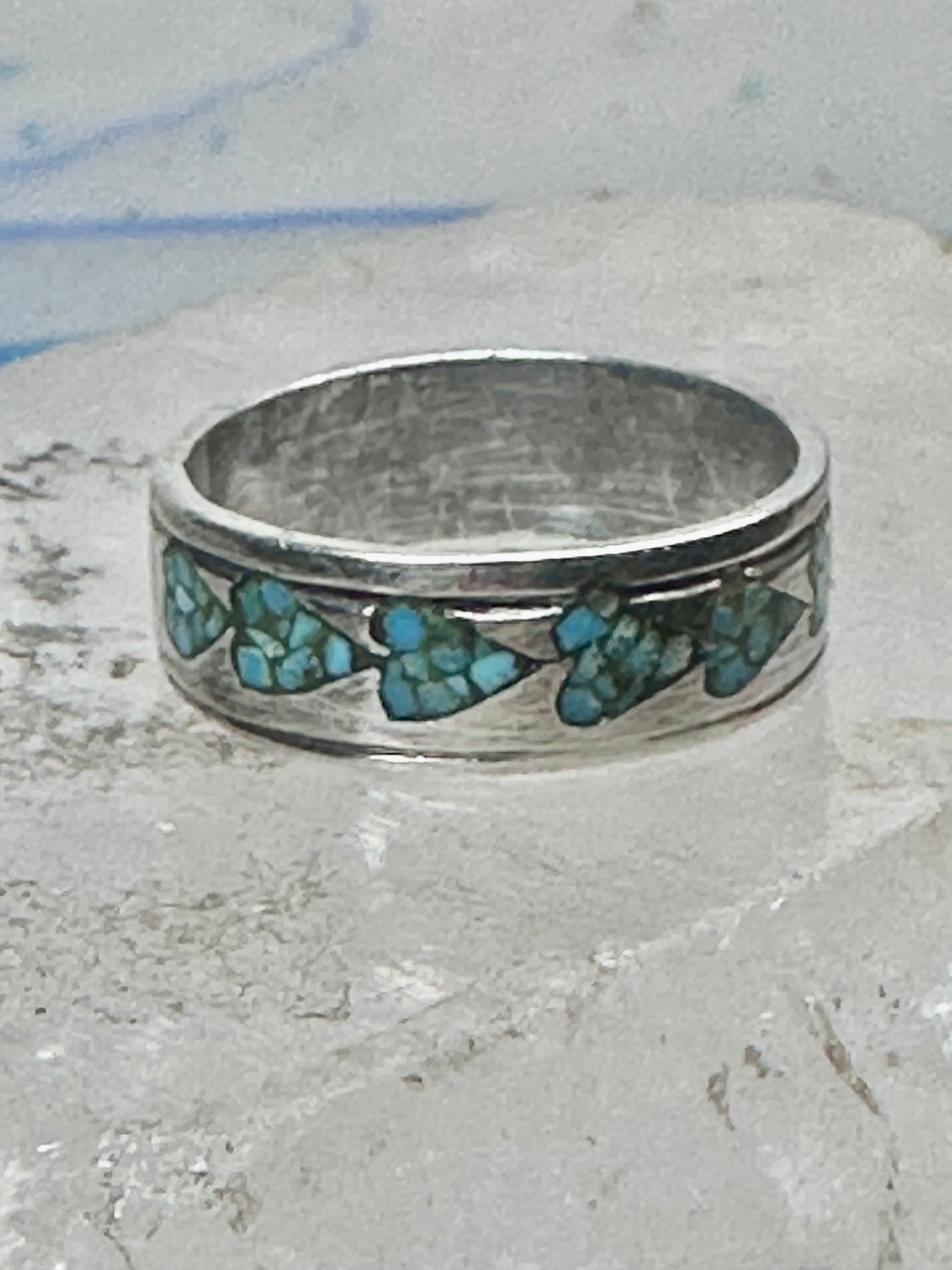 Vintage Sterling Silver Turquoise Chip Heart Inlay Band Ring Size 10 4.1g