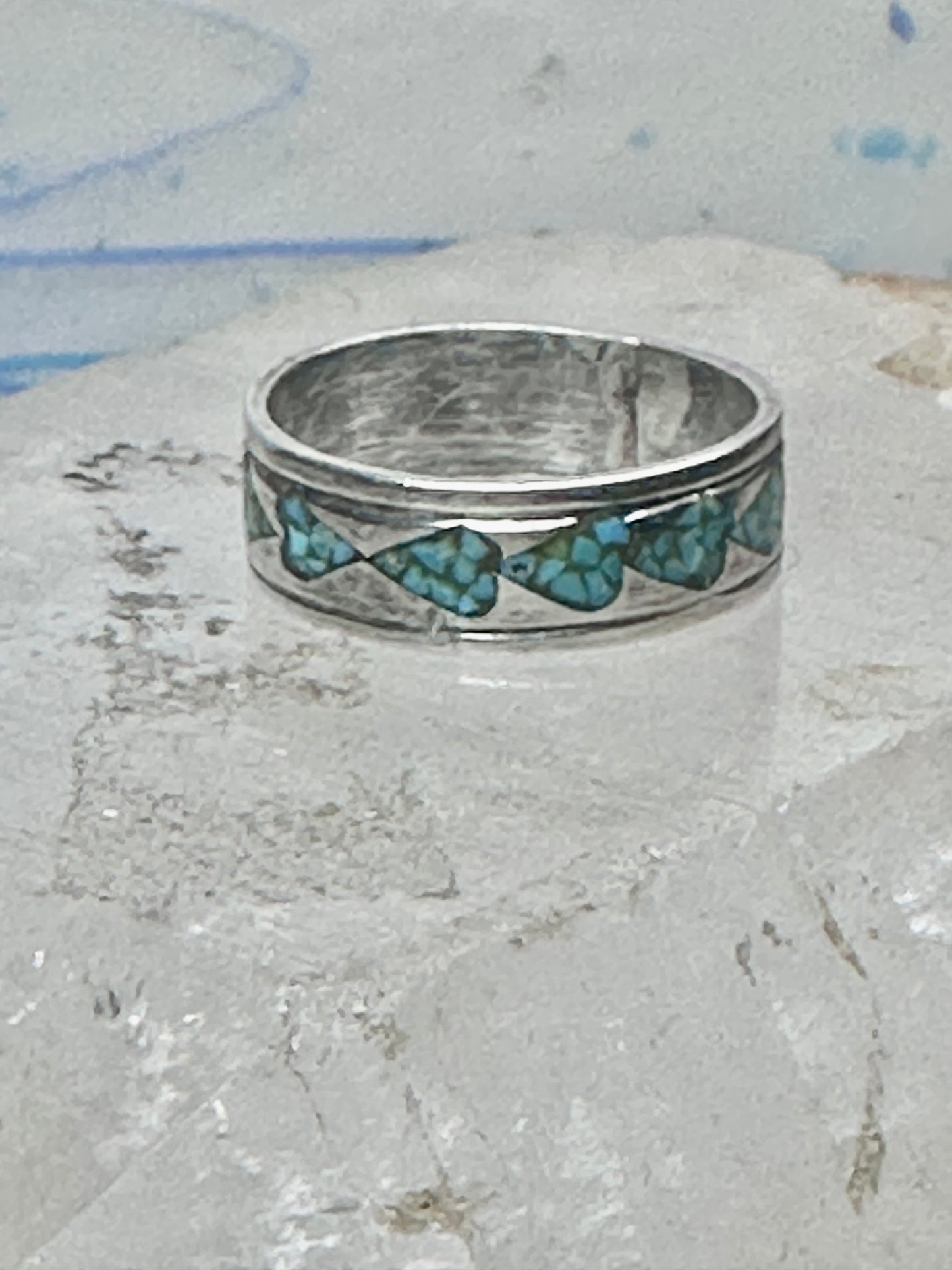 Vintage Sterling Silver Turquoise Chip Heart Inlay Band Ring Size 10 4.1g