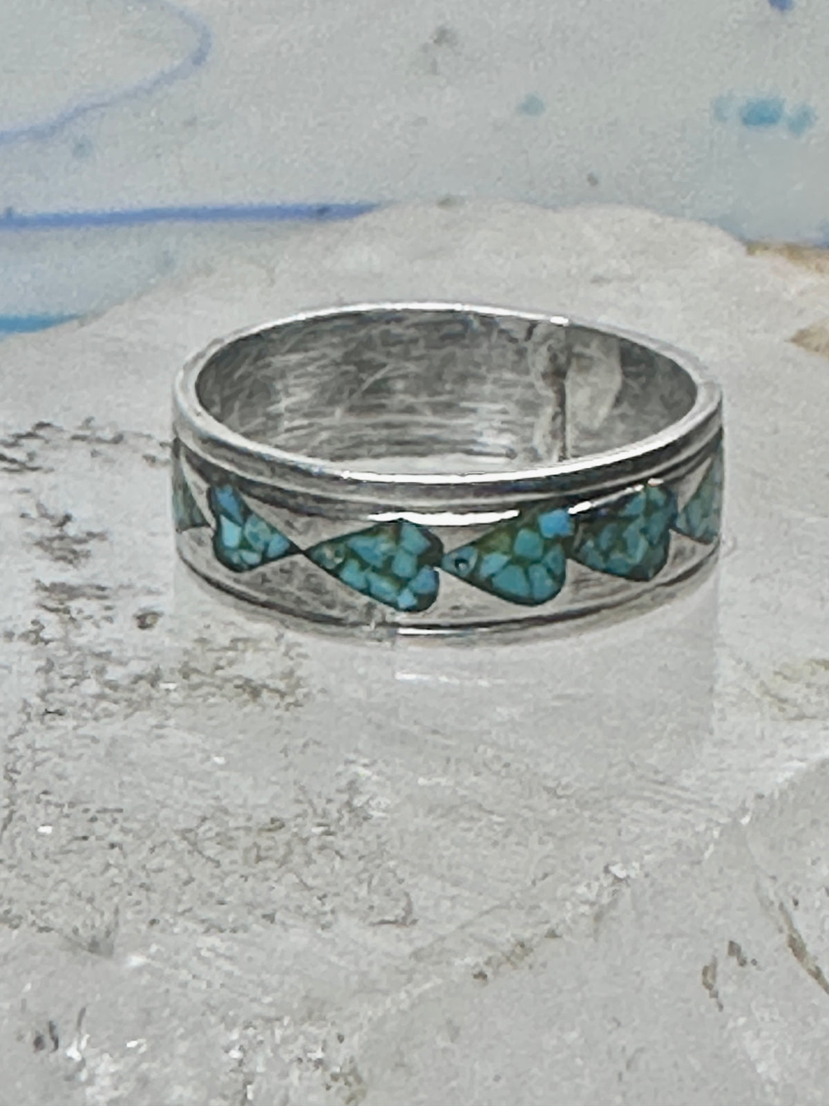Vintage Sterling Silver Turquoise Chip Heart Inlay Band Ring Size 10 4.1g