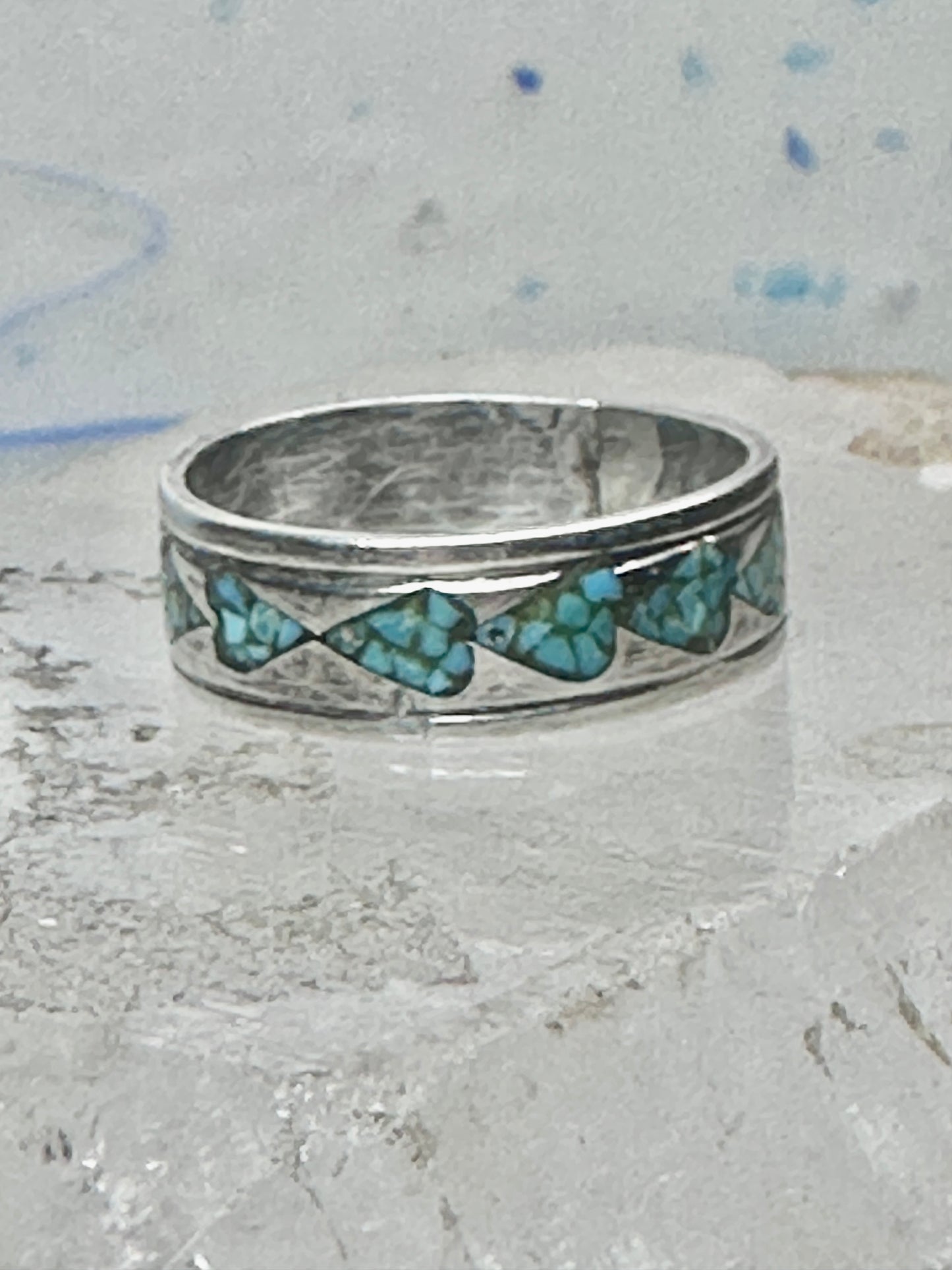 Vintage Sterling Silver Turquoise Chip Heart Inlay Band Ring Size 10 4.1g
