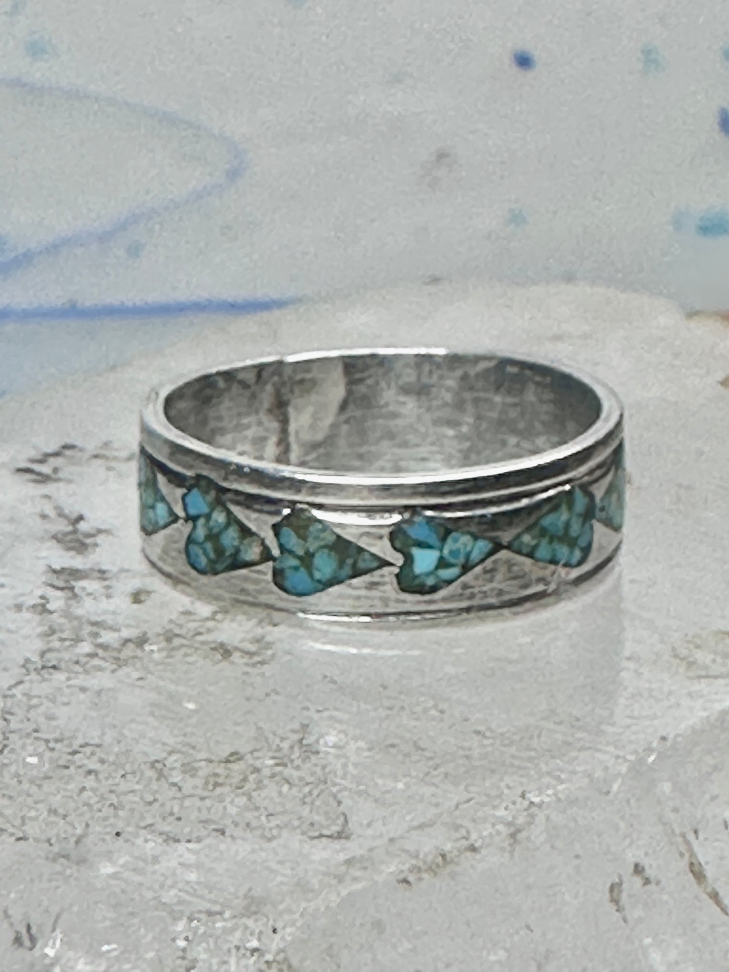 Vintage Sterling Silver Turquoise Chip Heart Inlay Band Ring Size 10 4.1g
