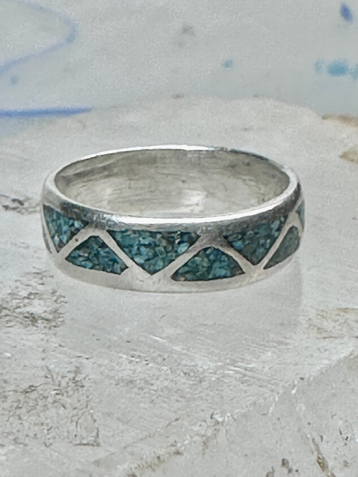 Vintage Sterling Silver Turquoise Chip Geometric Inlay Band Ring Size 7 3.2g 925