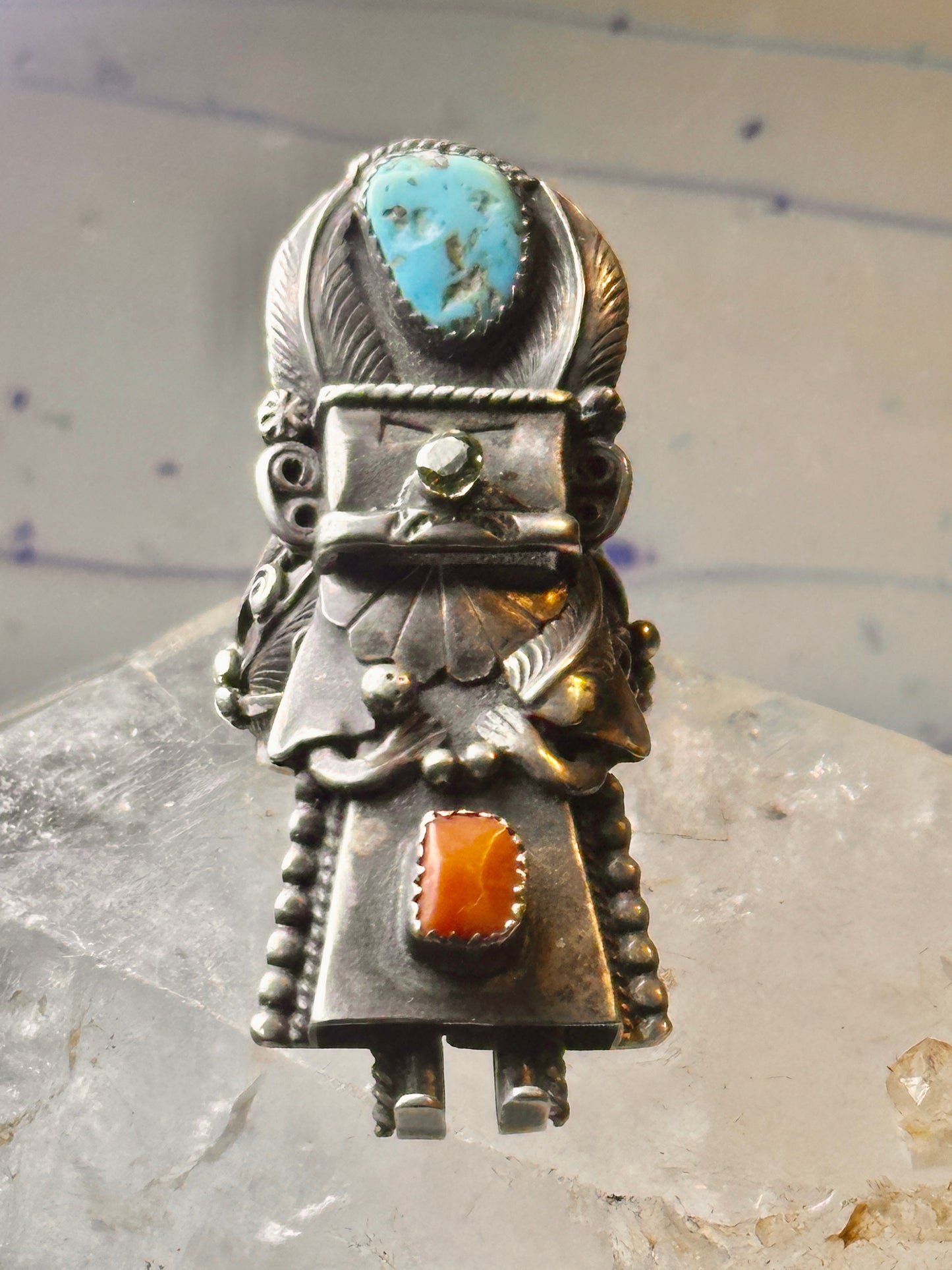 Kachina ring Navajo turquoise coral size 10.2 cowgirl sterling silver women signed B