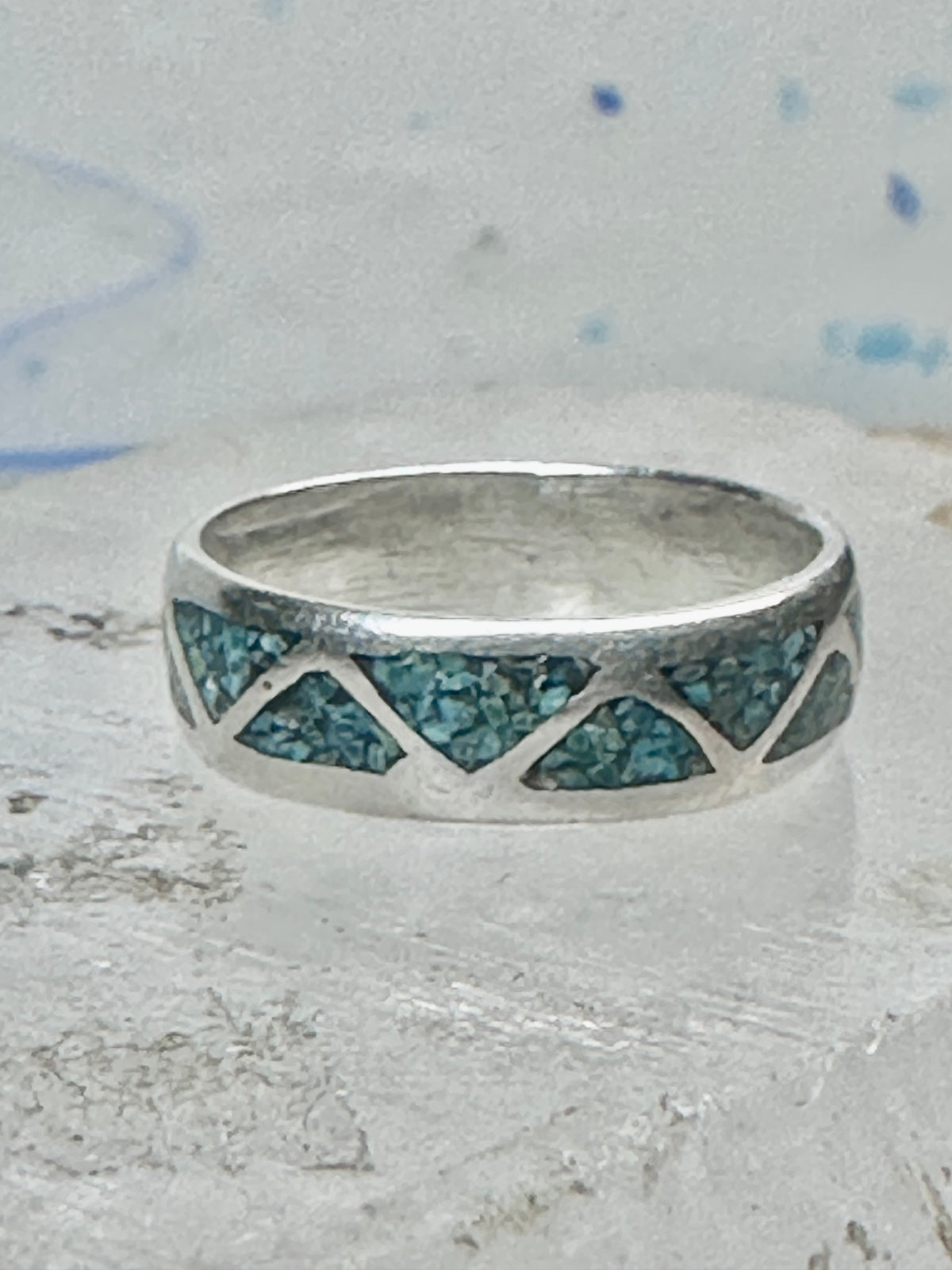 Vintage Sterling Silver Turquoise Chip Geometric Inlay Band Ring Size 7 3.2g 925