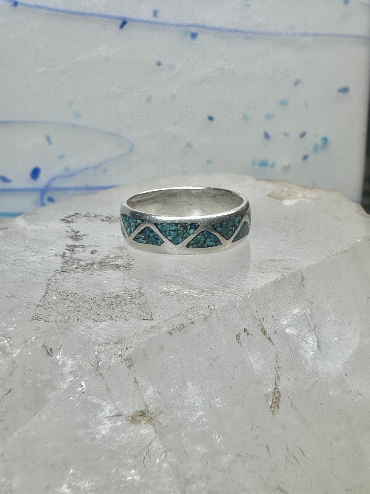 Vintage Sterling Silver Turquoise Chip Geometric Inlay Band Ring Size 7 3.2g 925