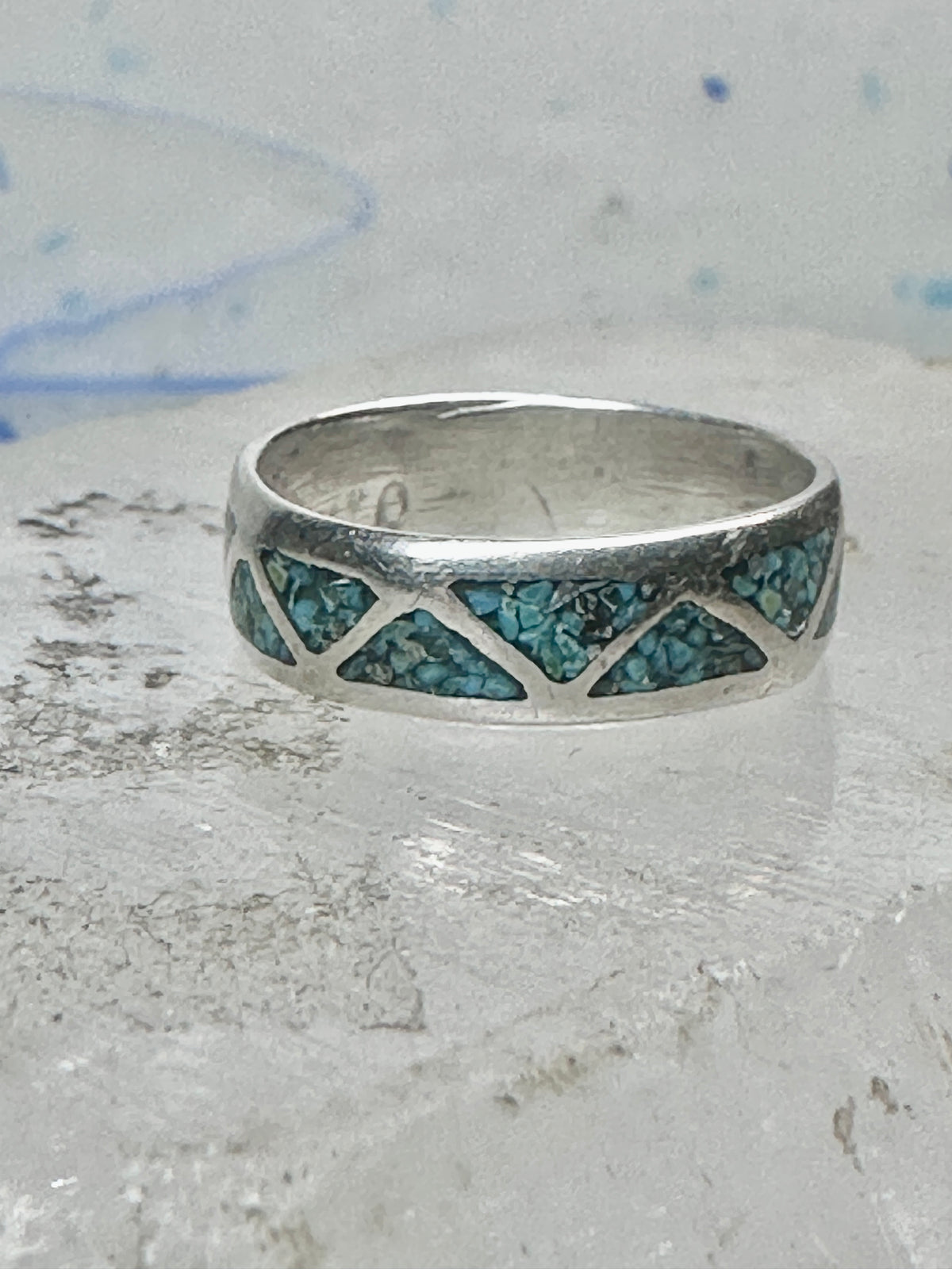 Vintage Sterling Silver Turquoise Chip Geometric Inlay Band Ring Size 7 3.2g 925