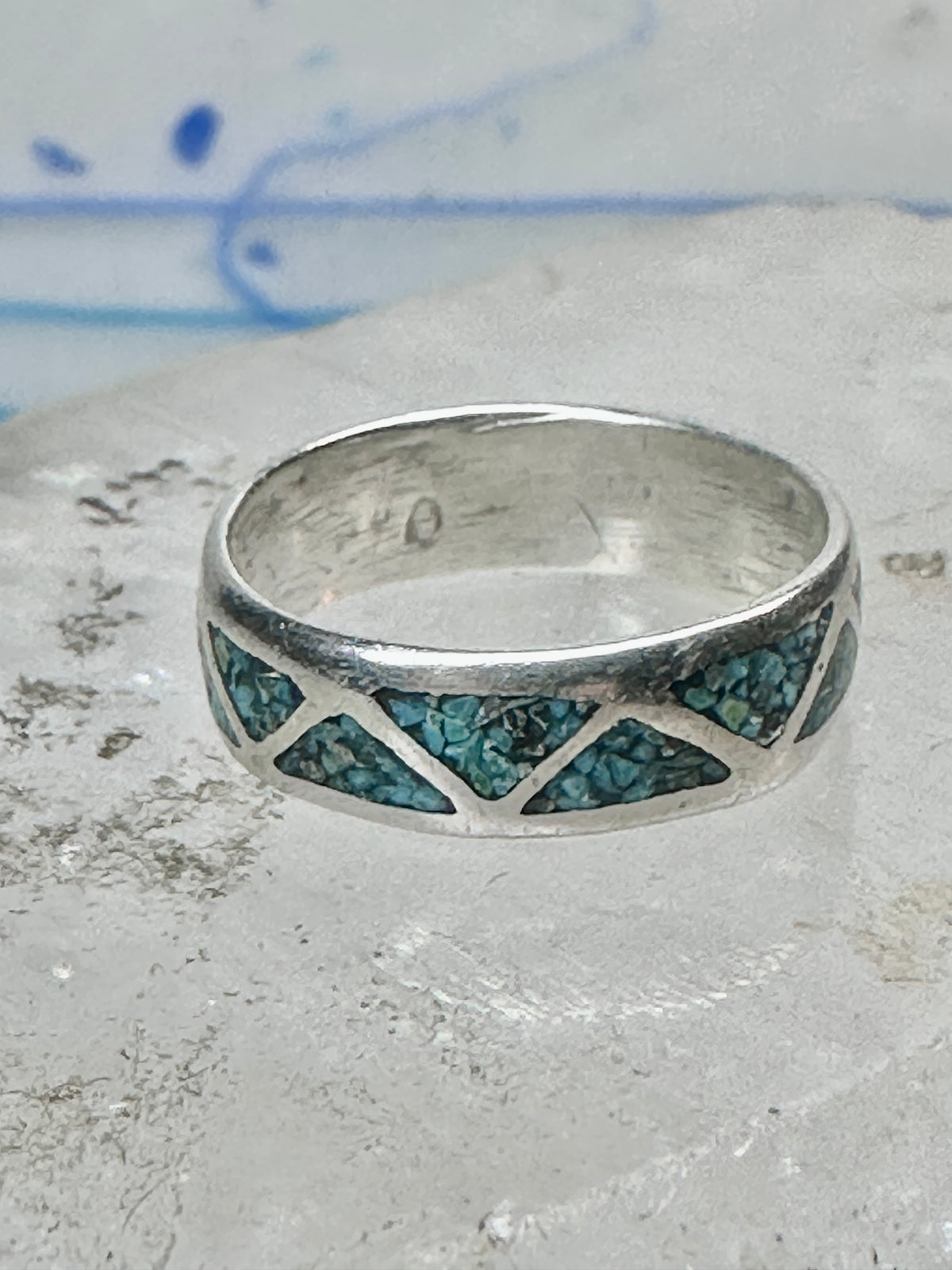 Vintage Sterling Silver Turquoise Chip Geometric Inlay Band Ring Size 7 3.2g 925