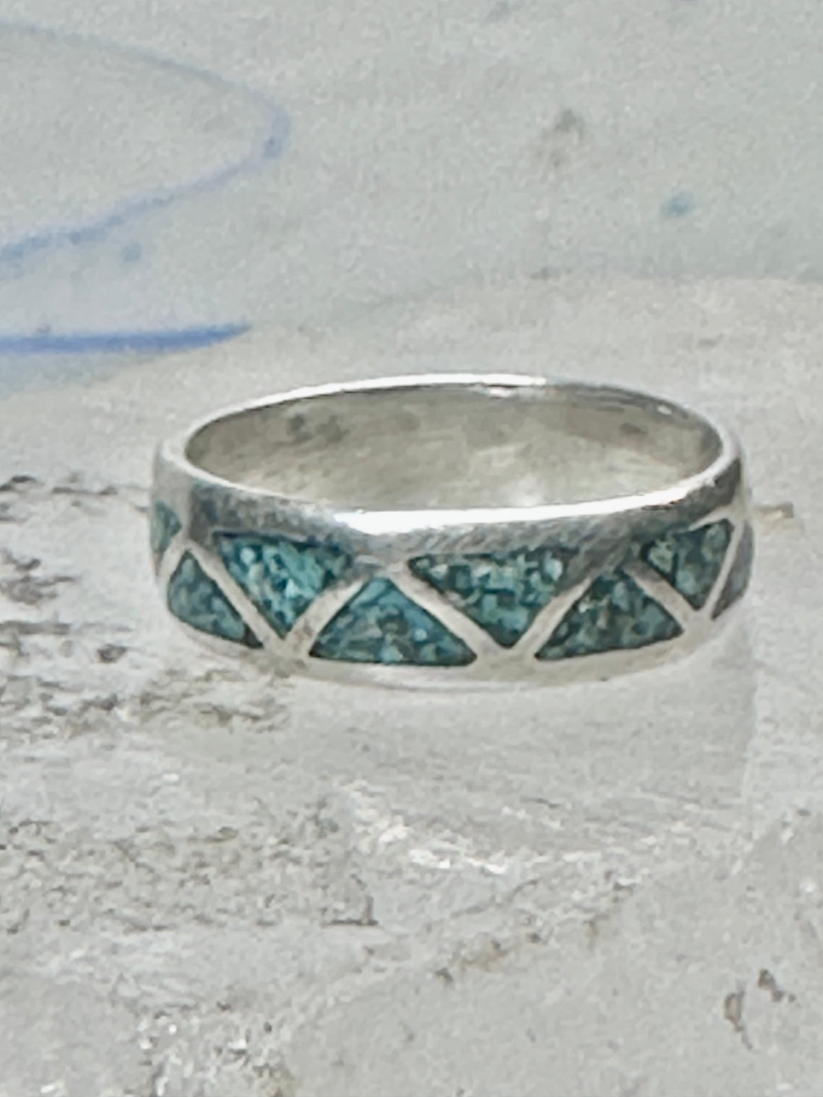 Vintage Sterling Silver Turquoise Chip Geometric Inlay Band Ring Size 7 3.2g 925