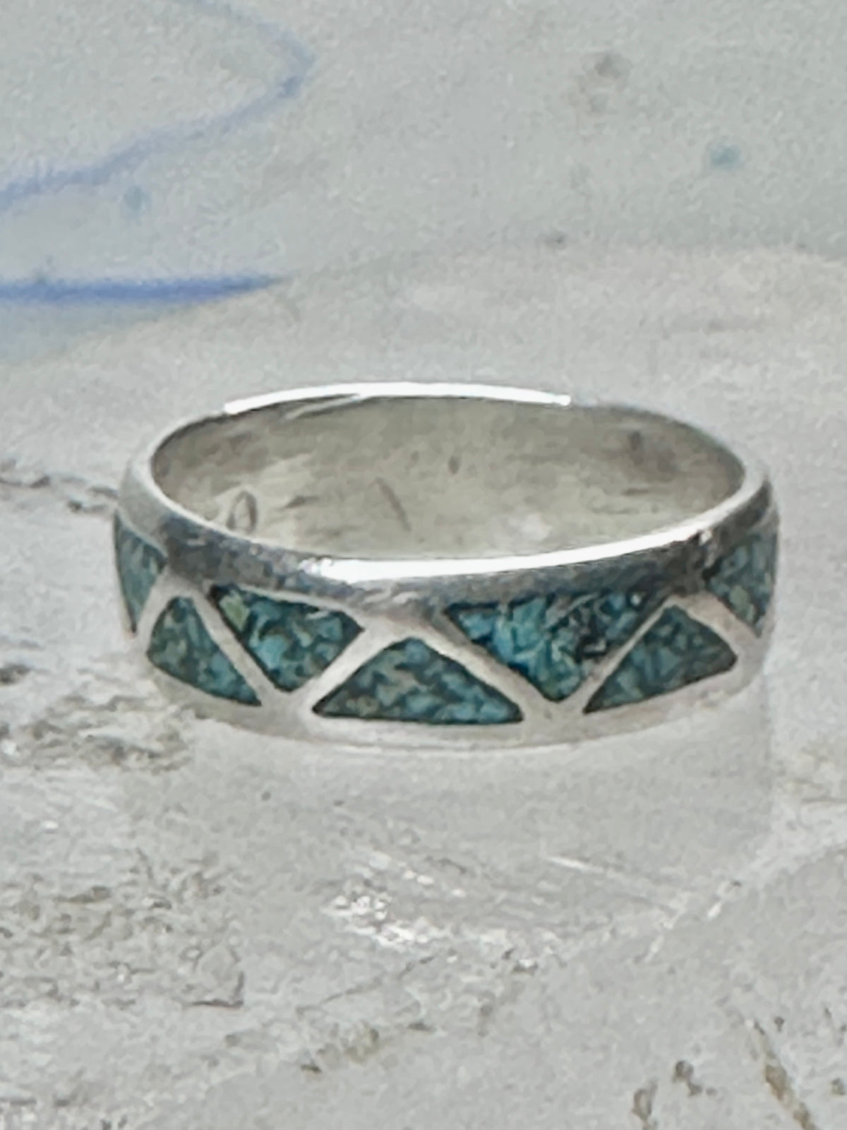 Vintage Sterling Silver Turquoise Chip Geometric Inlay Band Ring Size 7 3.2g 925
