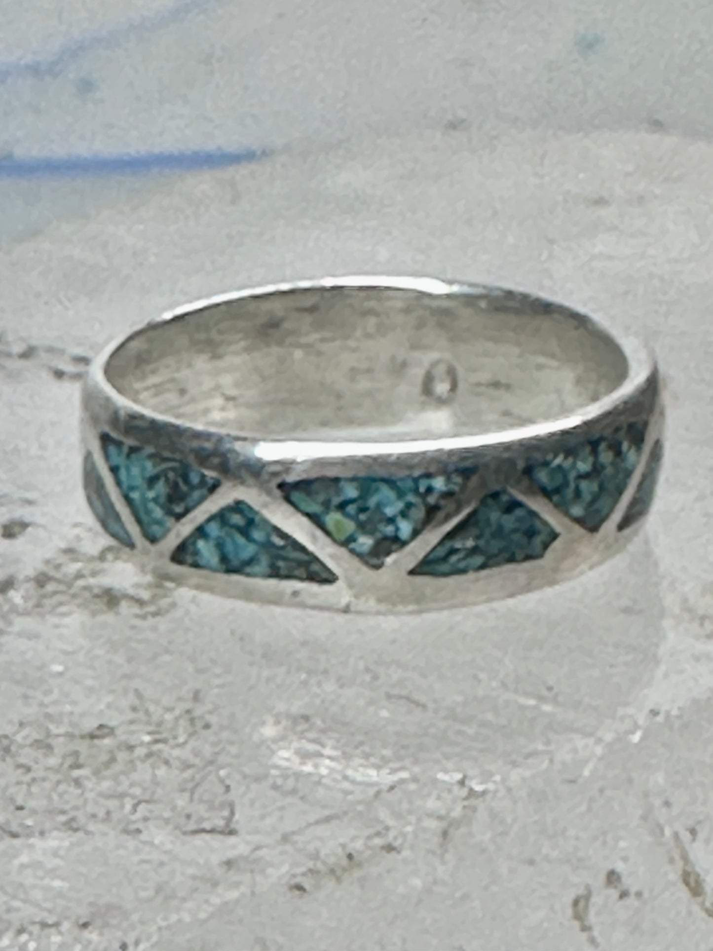 Vintage Sterling Silver Turquoise Chip Geometric Inlay Band Ring Size 7 3.2g 925