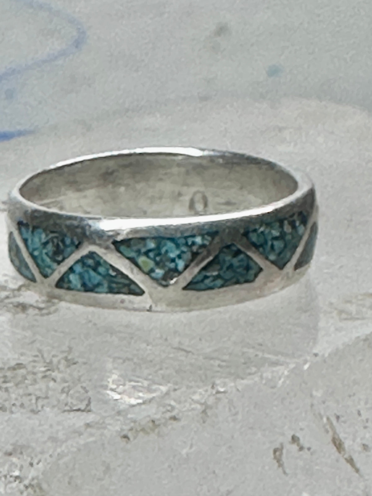 Vintage Sterling Silver Turquoise Chip Geometric Inlay Band Ring Size 7 3.2g 925