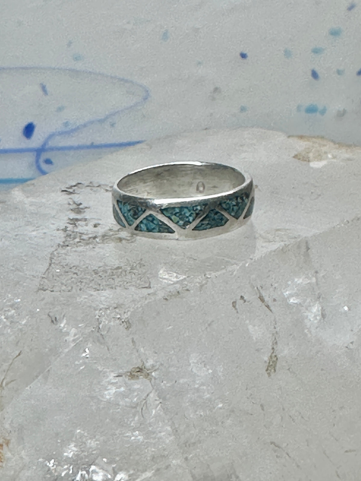 Vintage Sterling Silver Turquoise Chip Geometric Inlay Band Ring Size 7 3.2g 925
