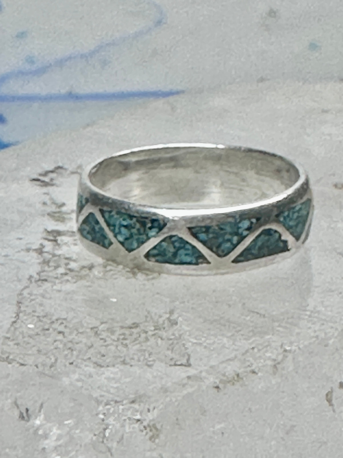 Vintage Sterling Silver Turquoise Chip Geometric Inlay Band Ring Size 7 3.2g 925