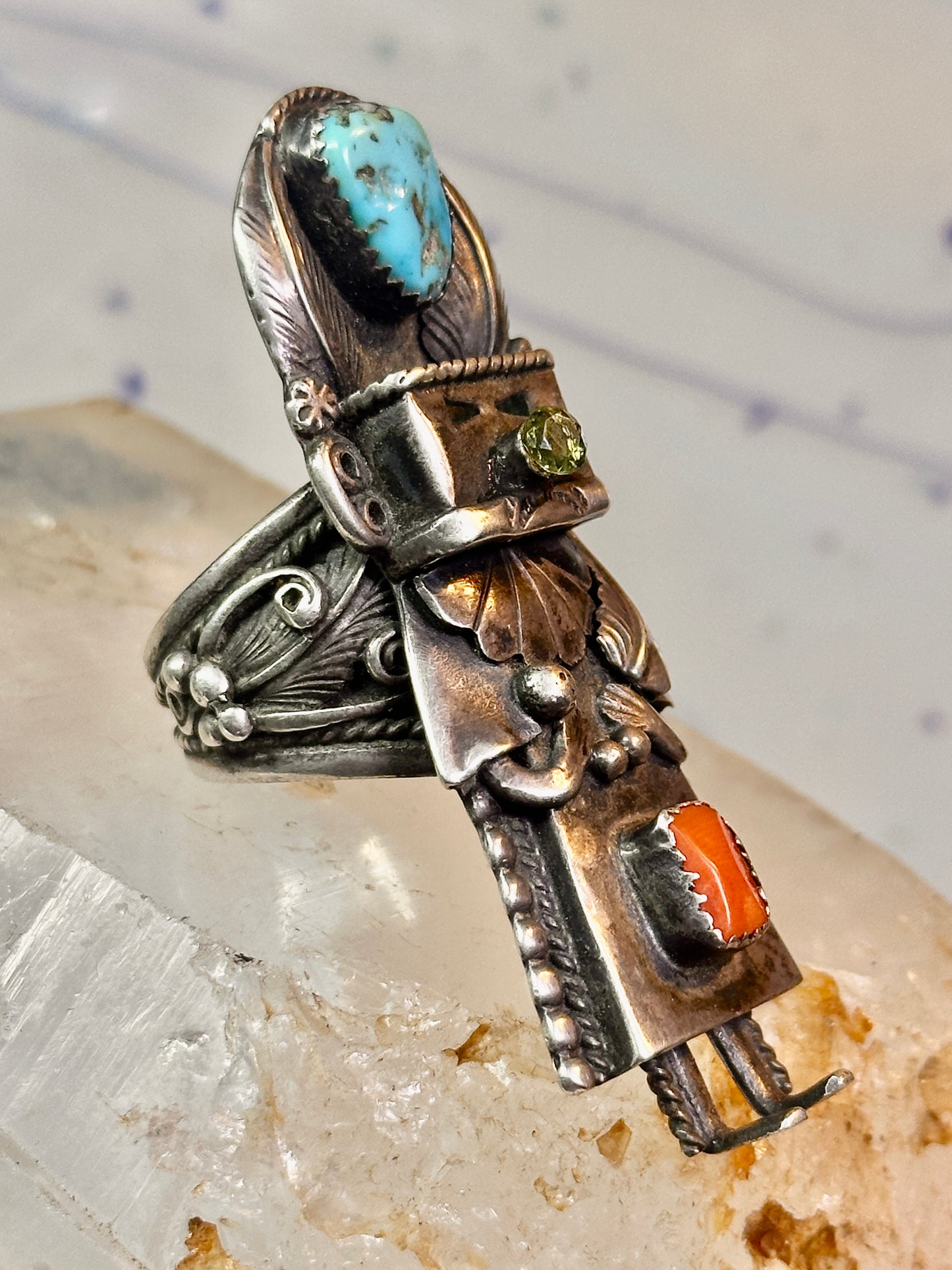 Kachina ring Navajo turquoise coral size 10.2 cowgirl sterling silver women signed B