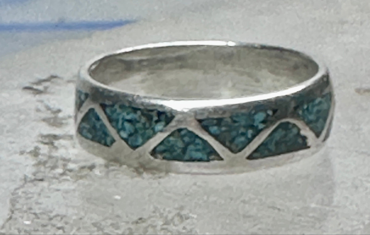 Vintage Sterling Silver Turquoise Chip Geometric Inlay Band Ring Size 7 3.2g 925