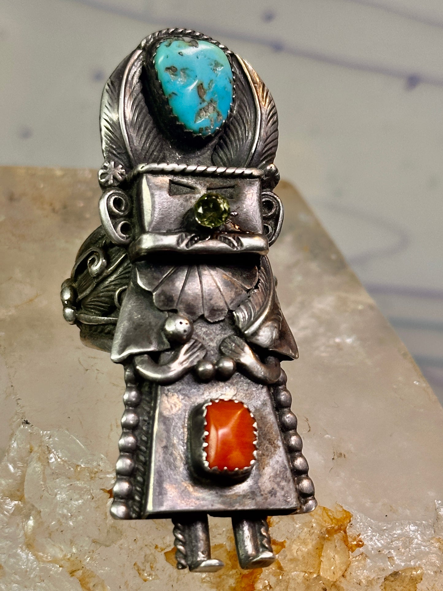 Kachina ring Navajo turquoise coral size 10.2 cowgirl sterling silver women signed B