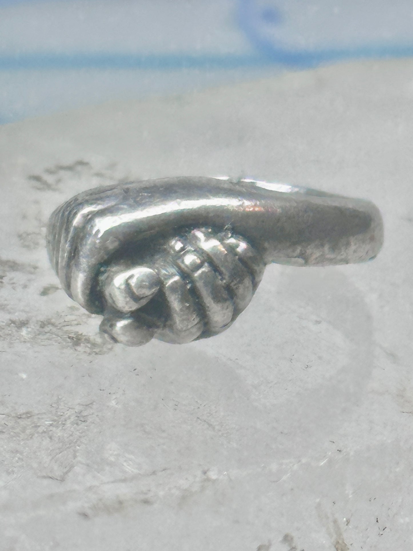 Vintage Sterling Silver Hand Holding Flower Motif Ring Cut Band Size 5.75 925 AS IS