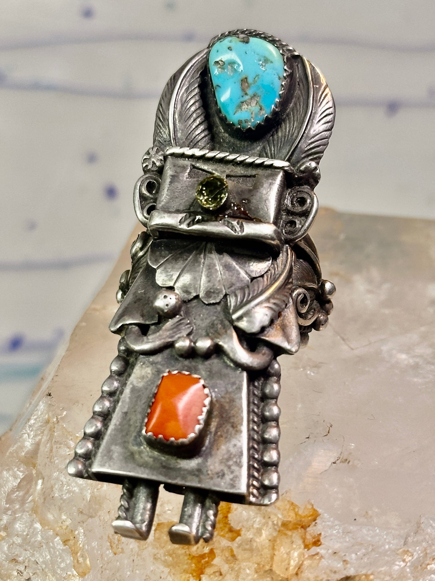 Kachina ring Navajo turquoise coral size 10.2 cowgirl sterling silver women signed B