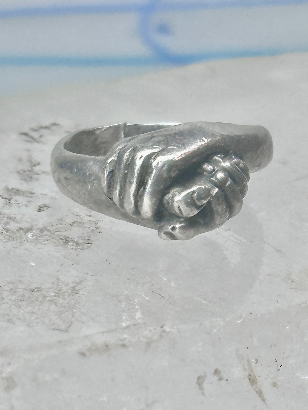 Vintage Sterling Silver Hand Holding Flower Motif Ring Cut Band Size 5.75 925 AS IS