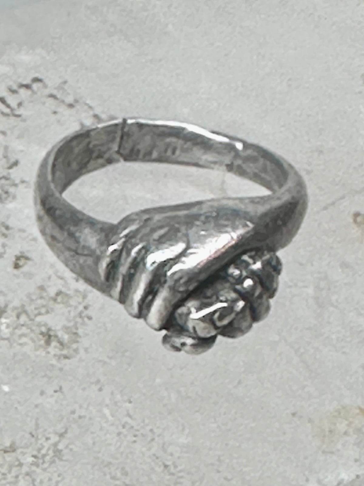 Vintage Sterling Silver Hand Holding Flower Motif Ring Cut Band Size 5.75 925 AS IS