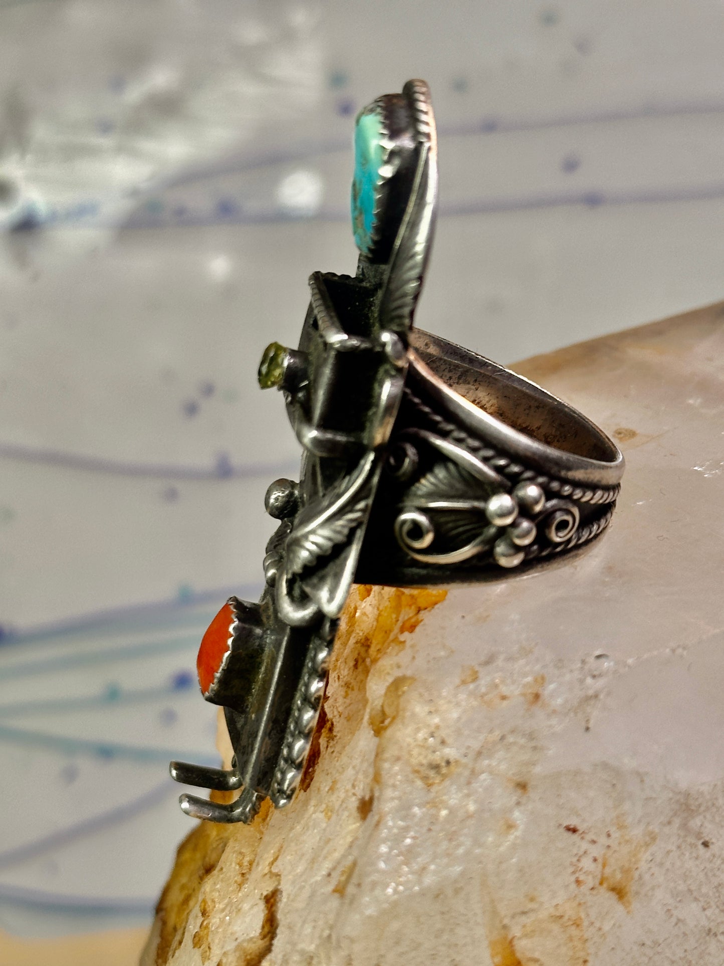Kachina ring Navajo turquoise coral size 10.2 cowgirl sterling silver women signed B