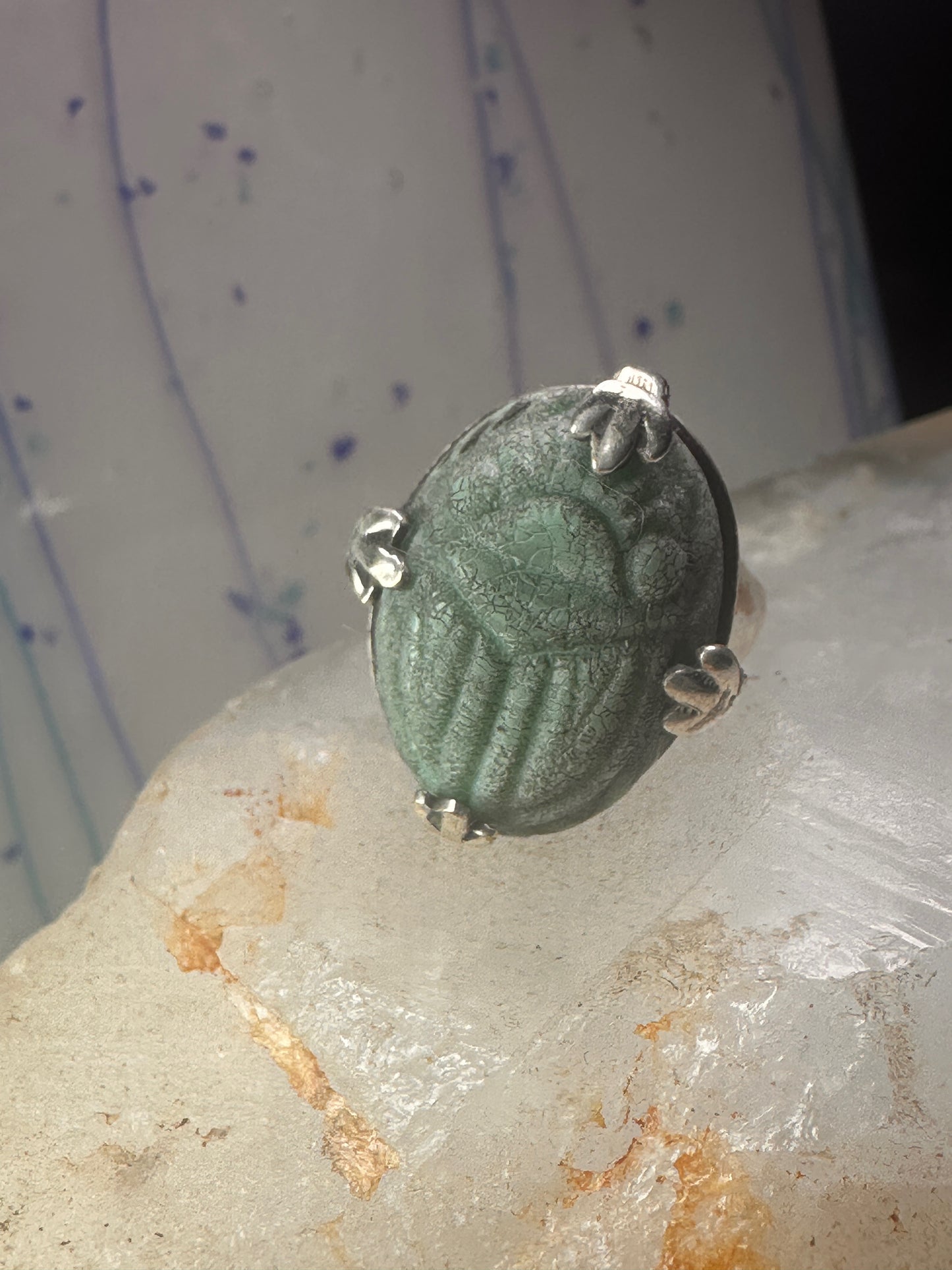 Scarab ring  carved stone adjustable size 8.75 sterling silver women