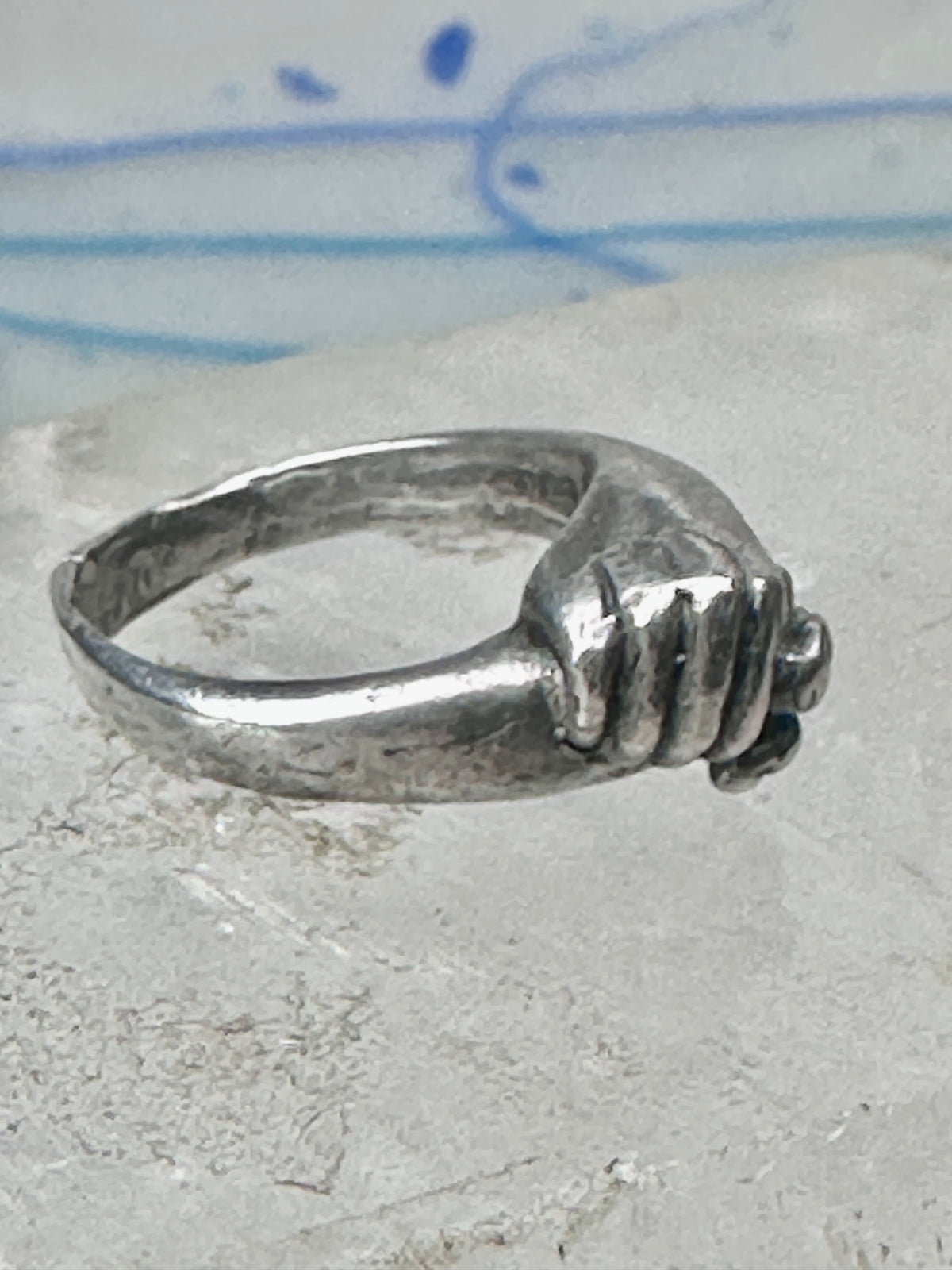 Vintage Sterling Silver Hand Holding Flower Motif Ring Cut Band Size 5.75 925 AS IS