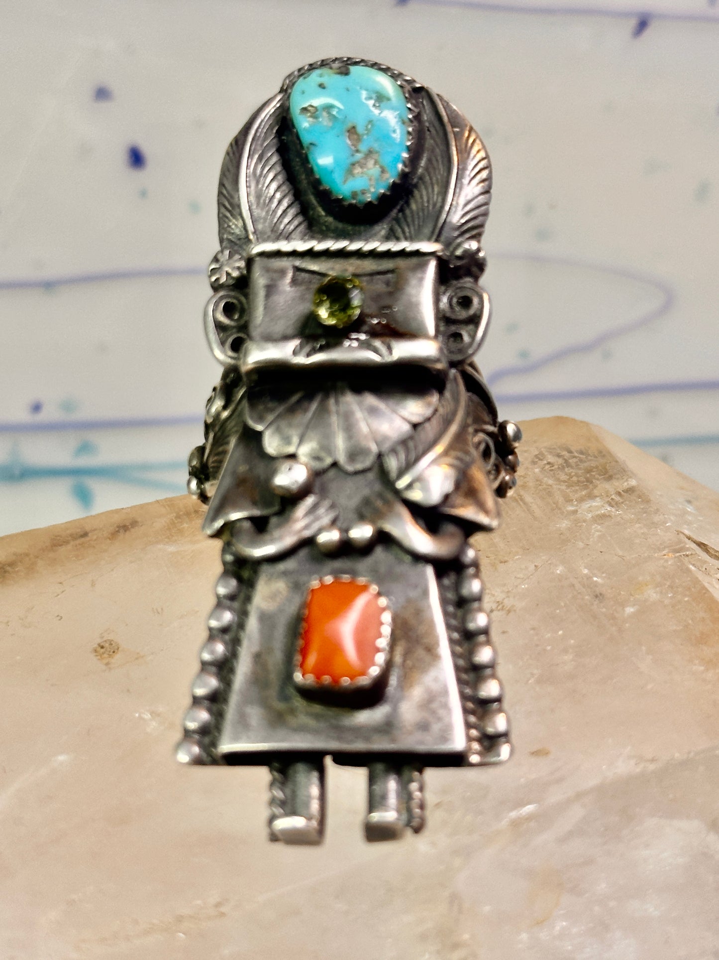 Kachina ring Navajo turquoise coral size 10.2 cowgirl sterling silver women signed B