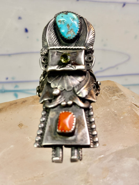 Kachina ring Navajo turquoise coral size 10.2 cowgirl sterling silver women signed B