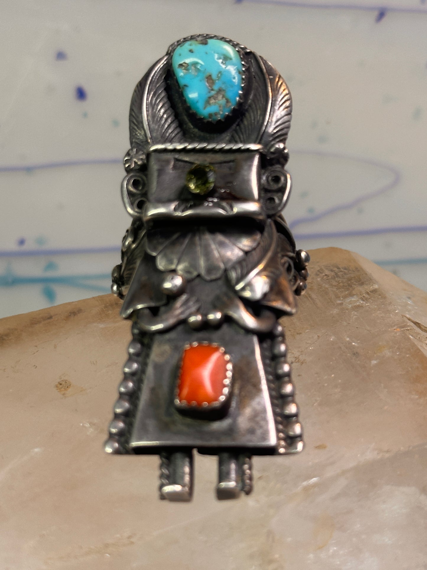 Kachina ring Navajo turquoise coral size 10.2 cowgirl sterling silver women signed B