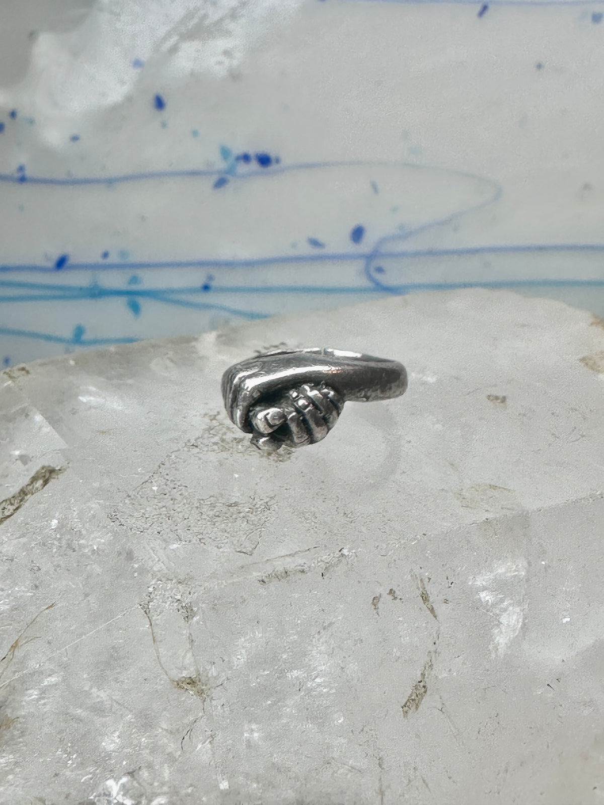 Vintage Sterling Silver Hand Holding Flower Motif Ring Cut Band Size 5.75 925 AS IS