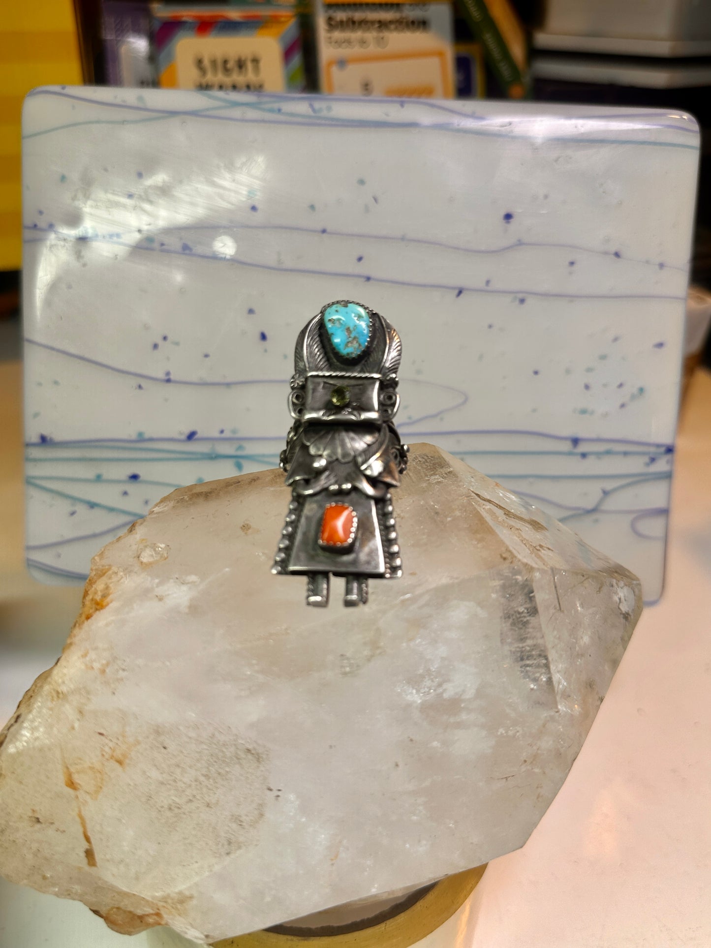 Kachina ring Navajo turquoise coral size 10.2 cowgirl sterling silver women signed B