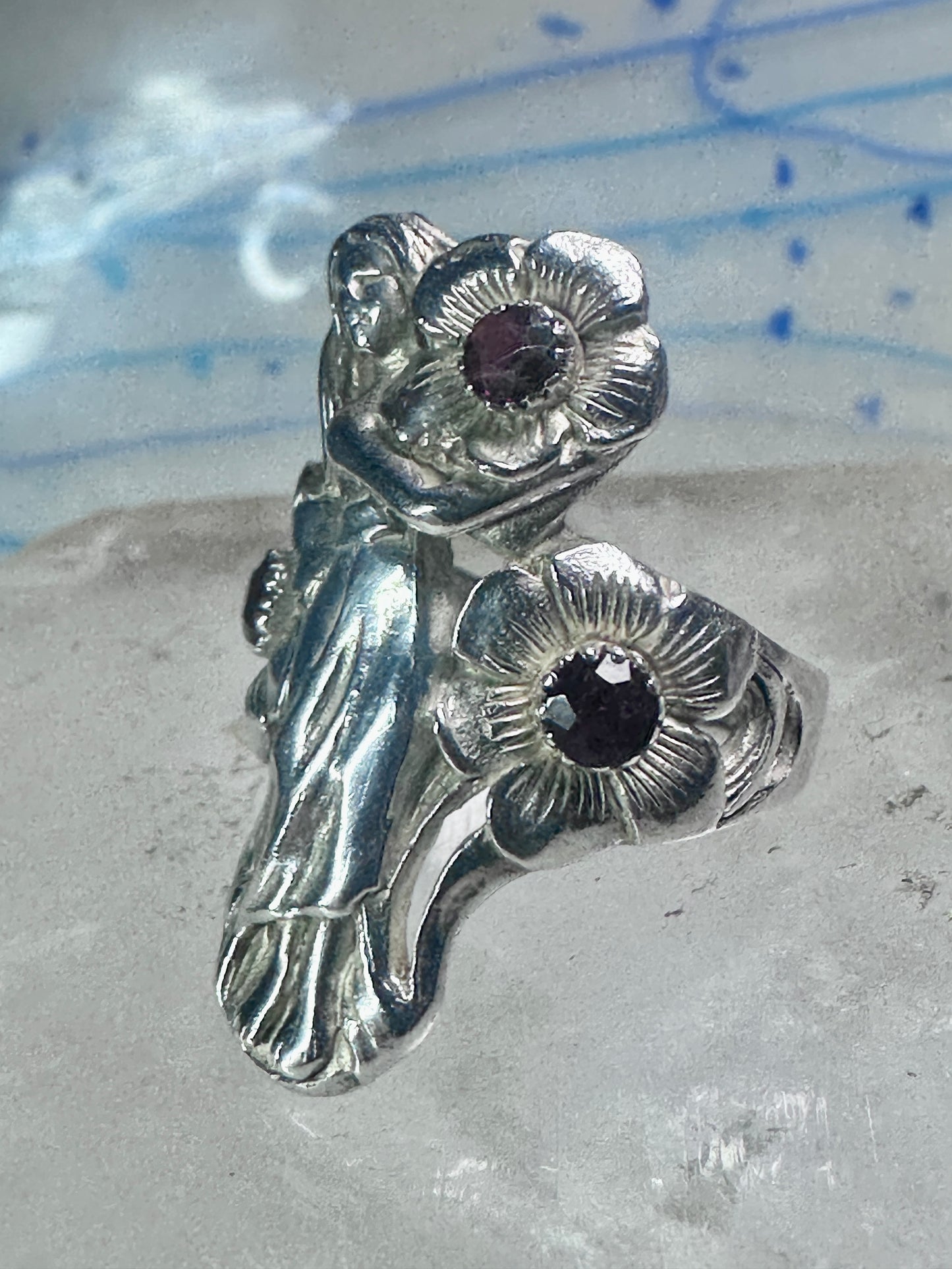 Lady with flowers Ring Art Deco Nouveau band leaves size 8 sterling silver women&nbsp;