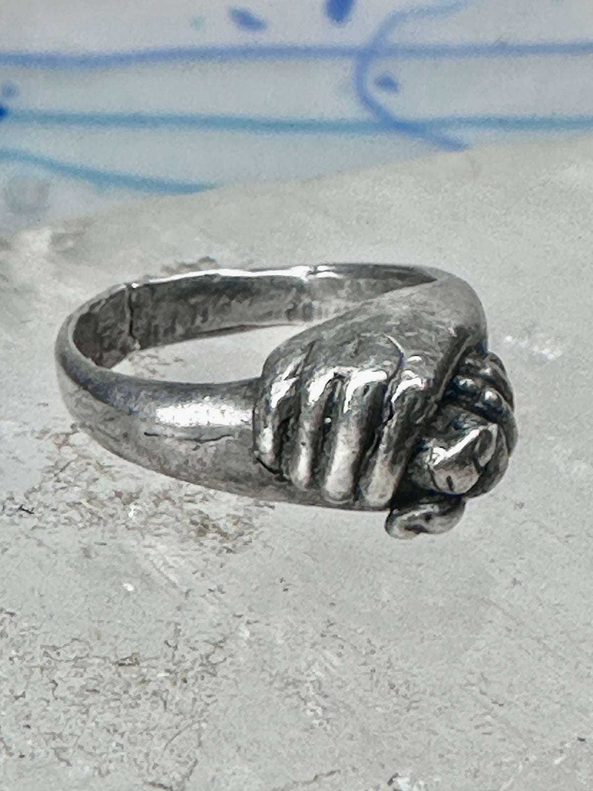 Vintage Sterling Silver Hand Holding Flower Motif Ring Cut Band Size 5.75 925 AS IS