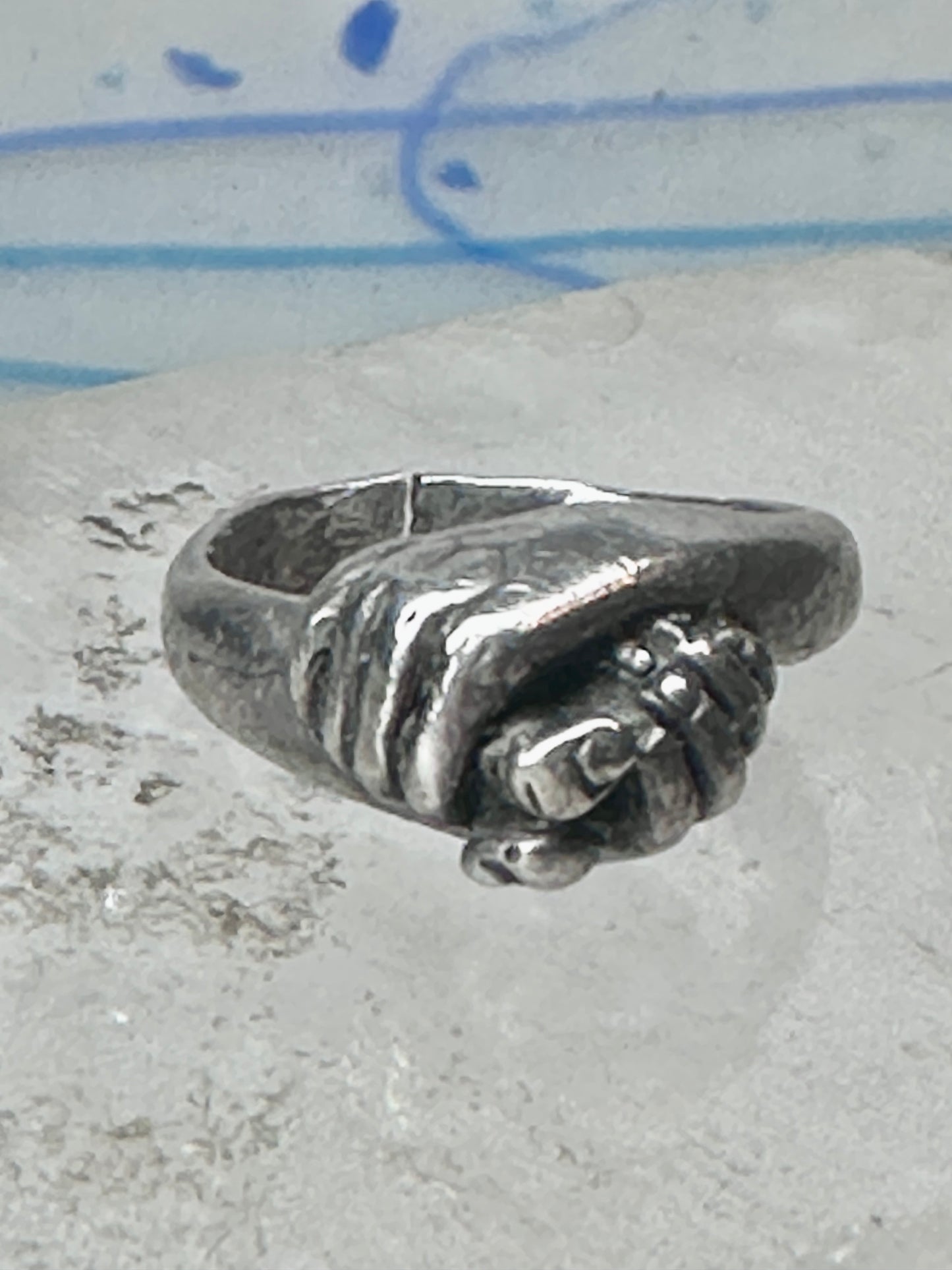 Vintage Sterling Silver Hand Holding Flower Motif Ring Cut Band Size 5.75 925 AS IS