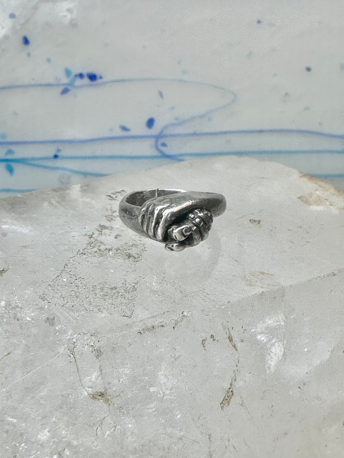 Vintage Sterling Silver Hand Holding Flower Motif Ring Cut Band Size 5.75 925 AS IS