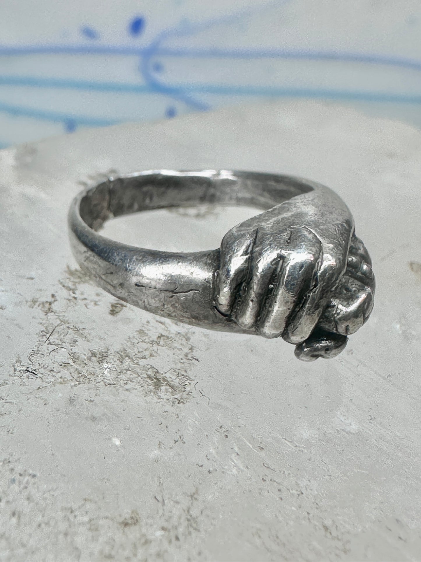 Vintage Sterling Silver Hand Holding Flower Motif Ring Cut Band Size 5.75 925 AS IS
