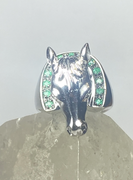 Horse ring face ring green stones  horseshoe good luck cowgirl sterling silver girls women